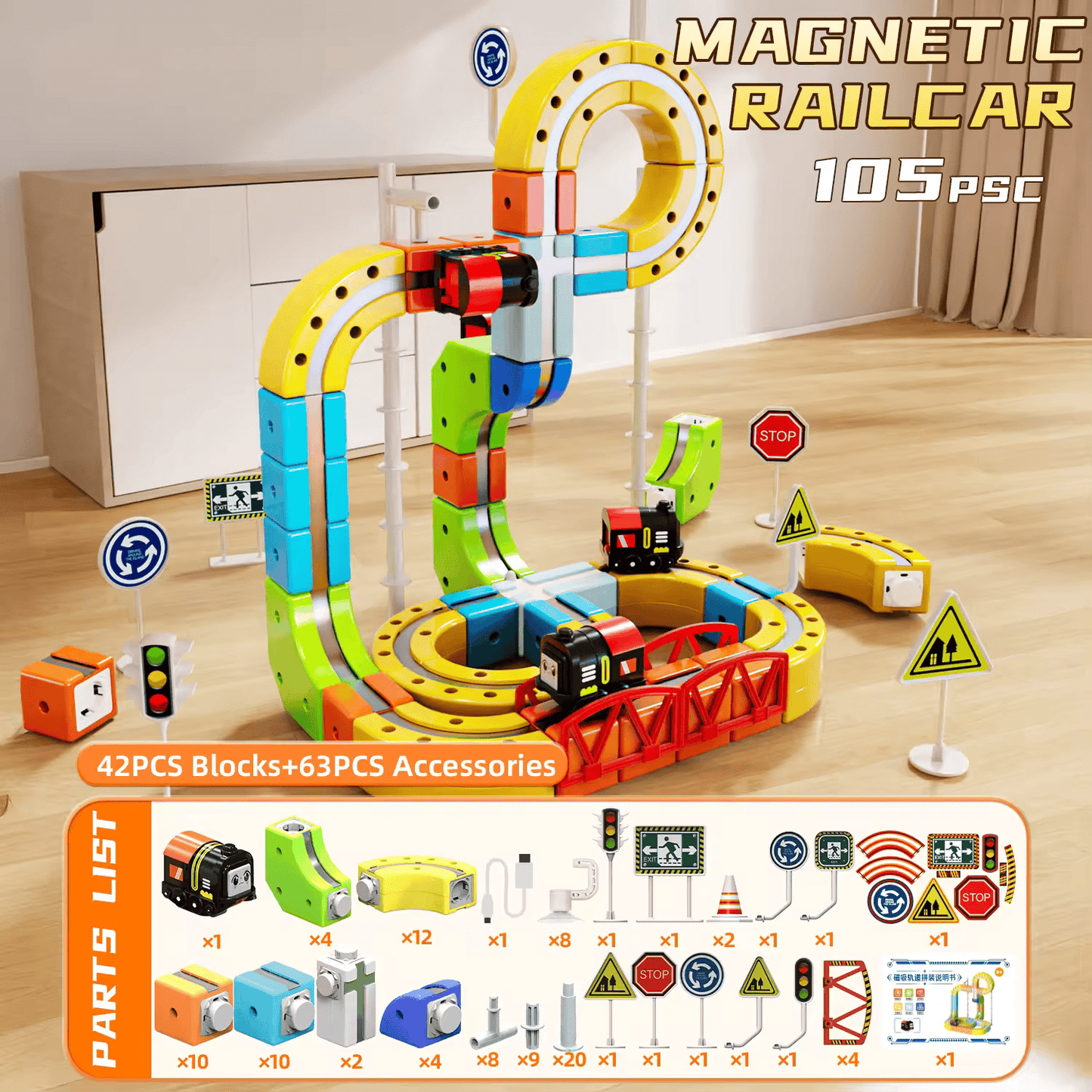 Rail Electric Train 3D Magnetic Track Set – Anti-Gravity STEM Toy for Kids (62-167 pcs)
