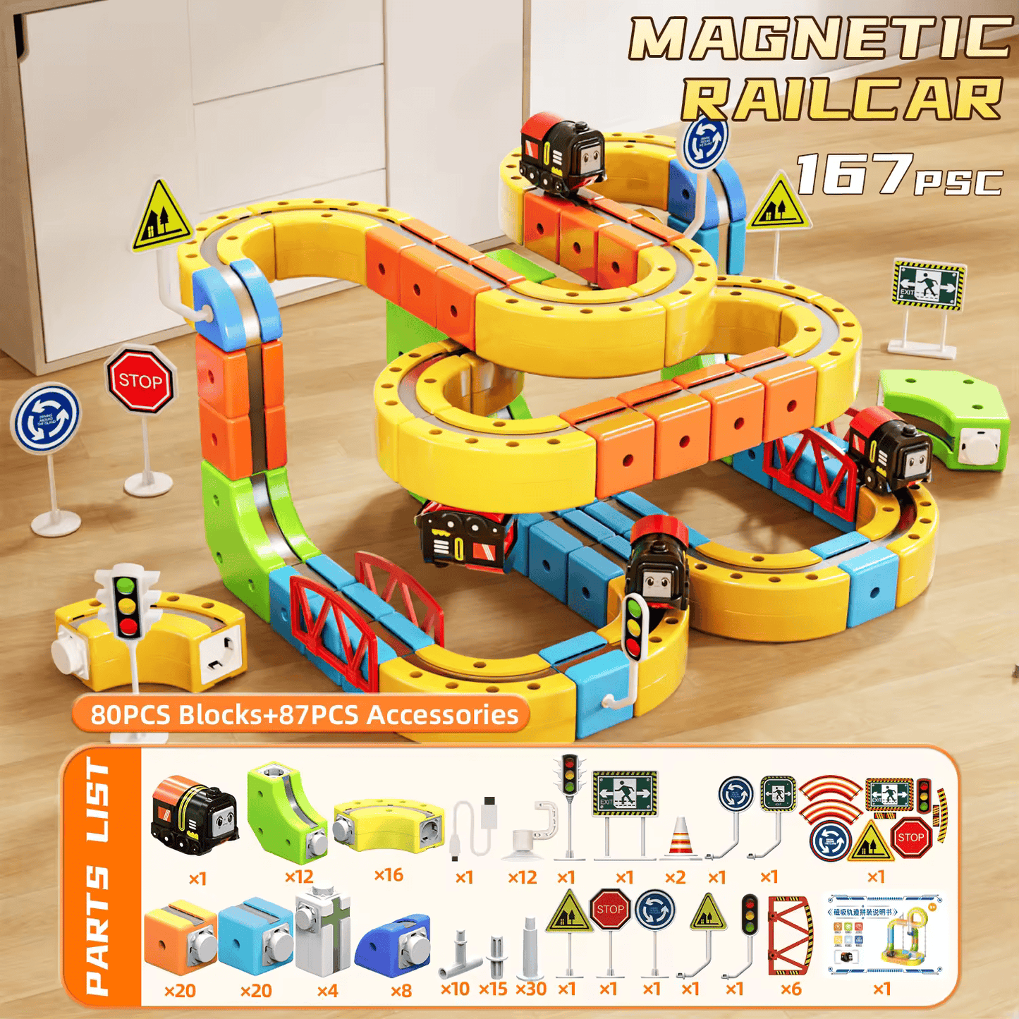 Rail Electric Train 3D Magnetic Track Set – Anti-Gravity STEM Toy for Kids (62-167 pcs)
