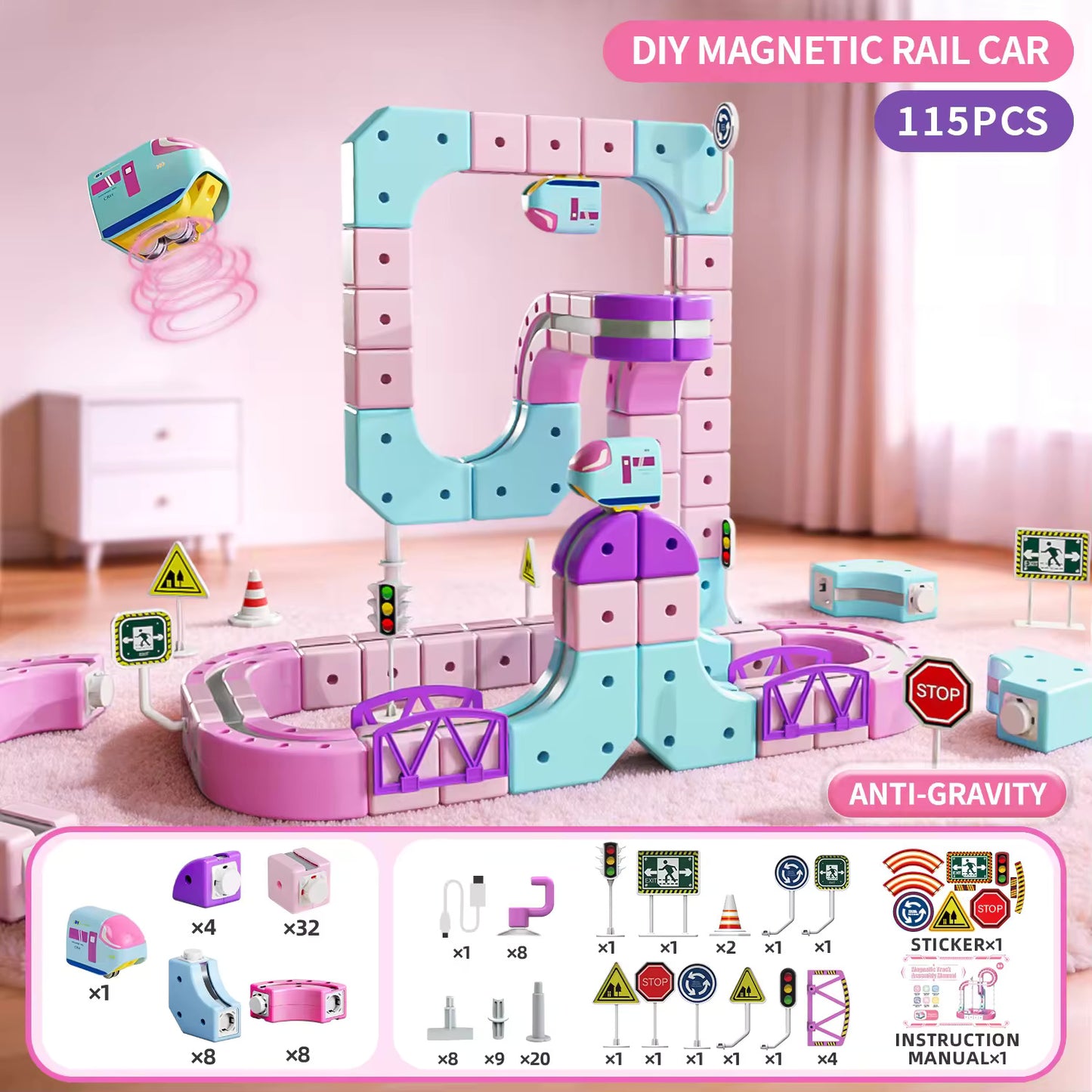Rail Electric Train 3D Magnetic Track Set – Anti-Gravity STEM Toy for Kids (62-167 pcs)