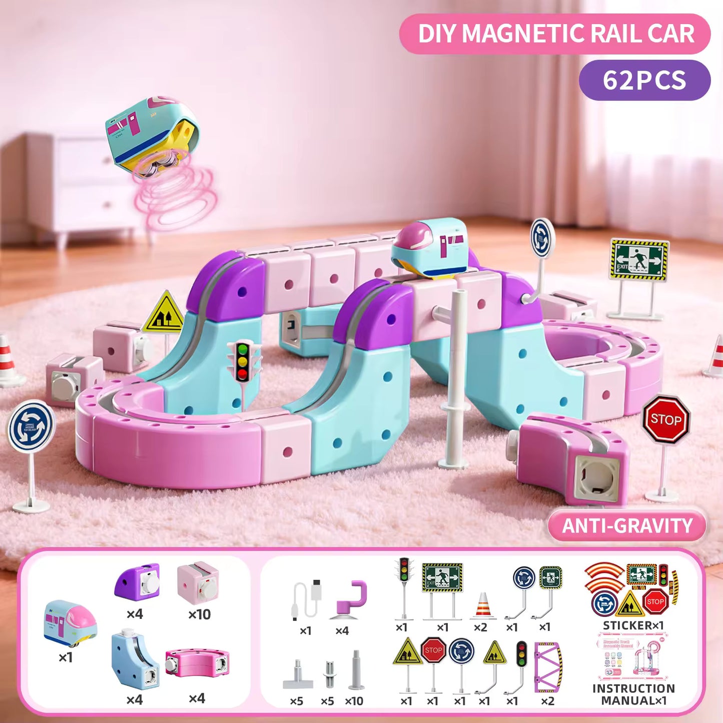 Rail Electric Train 3D Magnetic Track Set – Anti-Gravity STEM Toy for Kids (62-167 pcs)